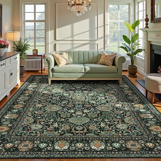 Dark Green Floral Living Room Rug 5x7 Washable Rugs Boho Vintage Oriental Large Foldable Faux Wool Carpet for Bedroom Nursery Room Dorm Kids Playroom Home Office