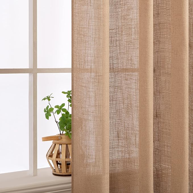 MIULEE Light Brown Linen Curtains 63 Inch Length 2 Panels for Bedroom Living Room, Soft Thick Linen Textured Kitchen Window Drapes Semi Sheer Light Filtering Back Tab Rod Pocket Burlap Look Decor