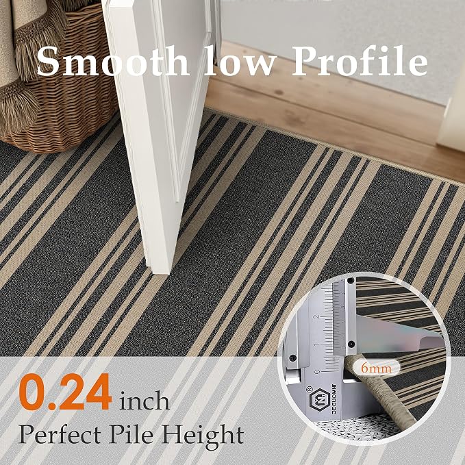 PureCozy Washable Kitchen Runner Rug 2x6 Striped Jute Look Non Slip | Black Farmhouse Design, Indoor Outdoor Hallway Runner for Entryway, Laundry Room and Kitchen, Non Shedding, Easy Care