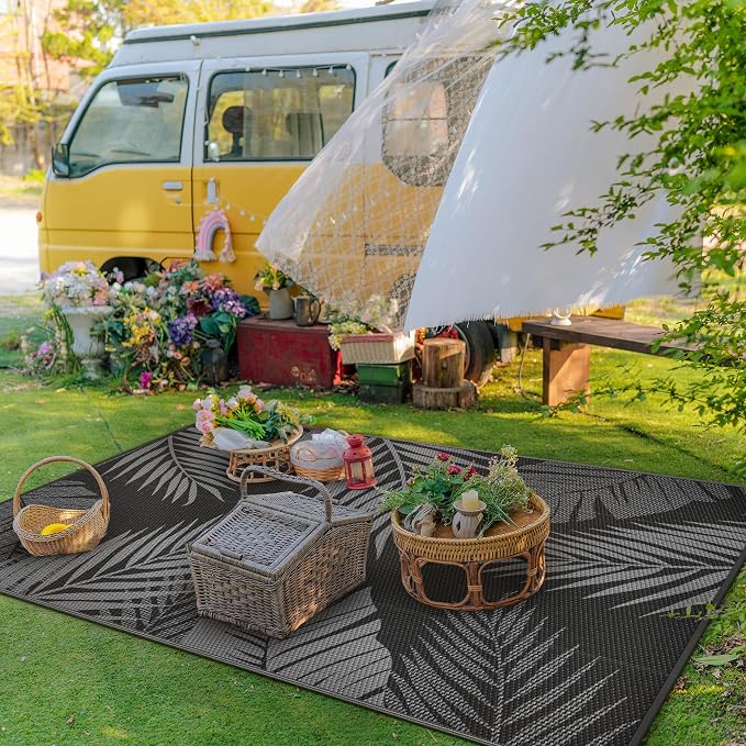 GENIMO Outdoor Rug, Waterproof Plastic Rugs for Patio, 6'x9' Black Grey | Outside Larger Leaf Carpet Mat for Porch Decor, Deck, Balcony, Camping, RV, Backyard, Picnic, Beach, Reversible, Foldable