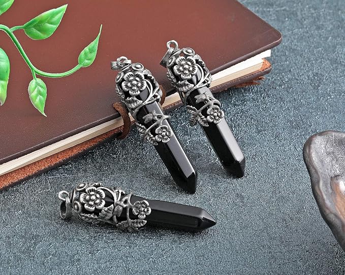 Top Plaza Antique Silver Flower Wrapped Natural Black Agate Healing Crystal Necklace