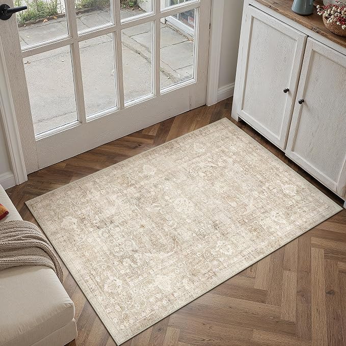 2x3 Beige Washable Area Rug for Entryway Neutral Soft Non Slip Small Carpet Low Pile Vintage Distressed Door Mat for Entrance Bathroom Bedroom Indoor
