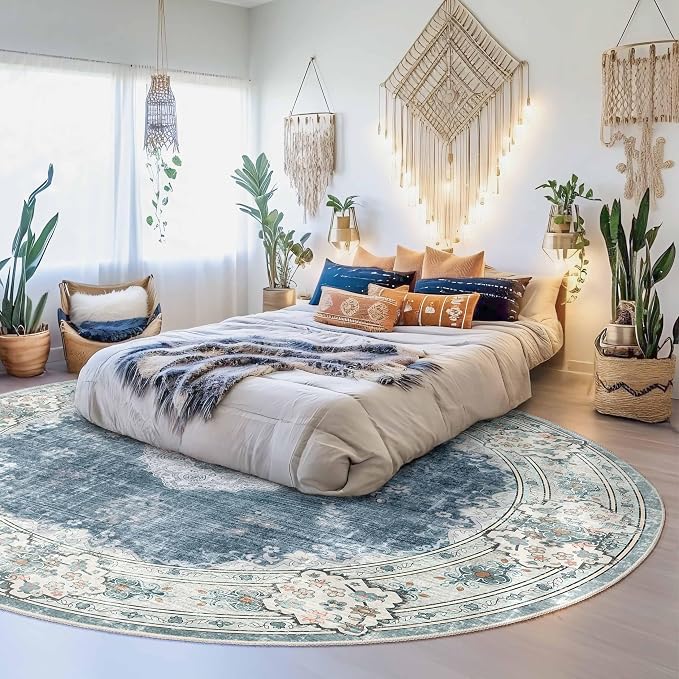 MUJOO Blue Round Rug 9ft,Circle Washable Area Rug Non Slip Low-Pile Floral | Large Circular Rugs for Living Room Bedroom Dining Room Boho Throw Carpet Soft Floor Indoor Vintage Flowers Blue and Grey