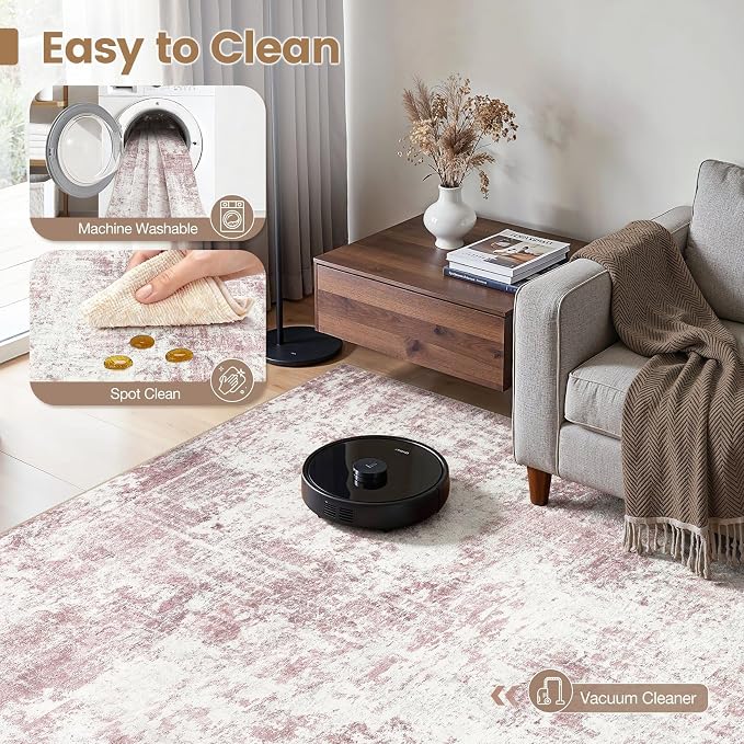 Washable 9x12 Area Rug for Living Room - Modern Abstract Carpet with Non-Slip Backing, Low Pile & Soft, Stain Resistant, Kid & Pet Friendly Decor for Bedroom & Dining Room - Pink