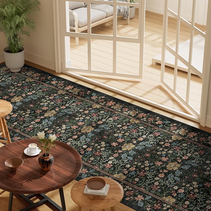 DUKINO 3x10 Runner Rug, Washable Vintage Floral Kitchen Rug Non Slip, Black | Low Pile, Non-Shedding, Stain Resistant, Boho Soft Carpet Runner for Hallway, Bathroom, Beside, Laundry, Bedroom, Entryway