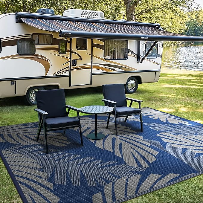 GENIMO Outdoor Rug, Waterproof Plastic Rugs for Patio, 8'x10' Blue Grey | Outside Larger Leaf Carpet Mat for Porch Decor, Deck, Balcony, Camping, RV, Backyard, Picnic, Beach, Reversible, Foldable