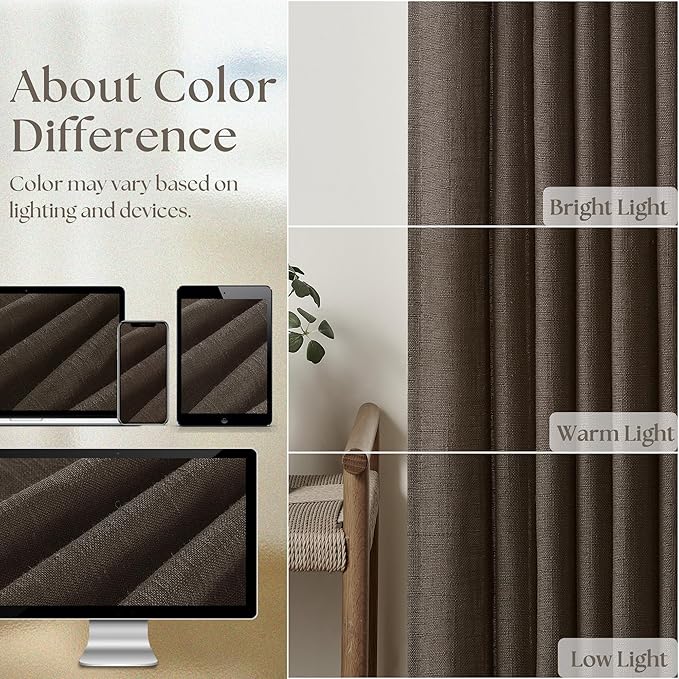 Dark Chocolate 108 Inch Pinch Pleated Semi Sheer Linen Curtains 2 Panels | for Living Room Bedroom, Memory Training Shaped, Light Filtering, Pinch Pleat Drapes with Hooks Rings, Window Curtains 40x108