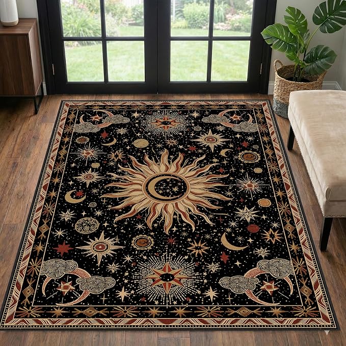 Vacuum-Friendly, 3x5 Washable Area Rug, Black Gold Beige Red | Sun and Moon Boho Gothic Non-Slip Low Pile Living Roon Bedroom Dining Room Kitchen Entry Entryway Entrance Hallway Doormat