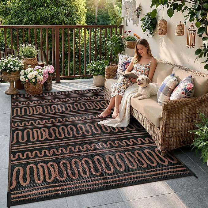 Beeiva Outdoor Rug 8x10 Waterproof for Patio, Reversible Plastic Straw Rug for Deck, Backyard, RV Camping, Black Brown