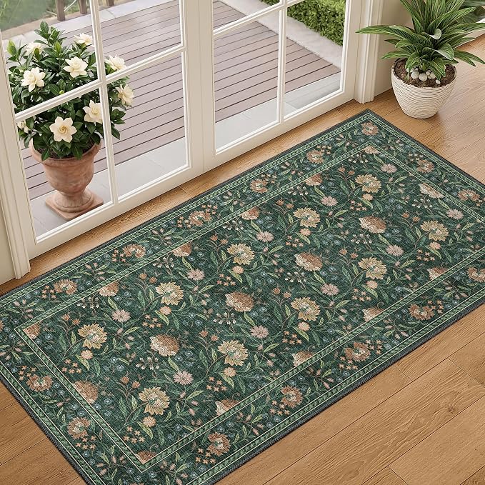 DUKINO 2x4 Rug, Washable Vintage Floral Entryway Rug Non Slip, Green | Low Pile, Non-Shedding, Stain Resistant Boho Lightweight Soft Indoor Carpet for Kitchen Bathroom Hallway Laundry Farmhouse