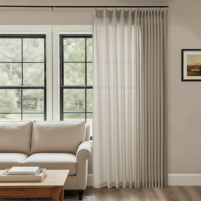 Extra Wide 100x90 Inch Curtains Linen Textured Burlywood Birch | Light Filtering Semi Sheer Drapes, for Track System, Modern Farmhouse, Pleat Curtain, for Living Room Sliding Glass Door