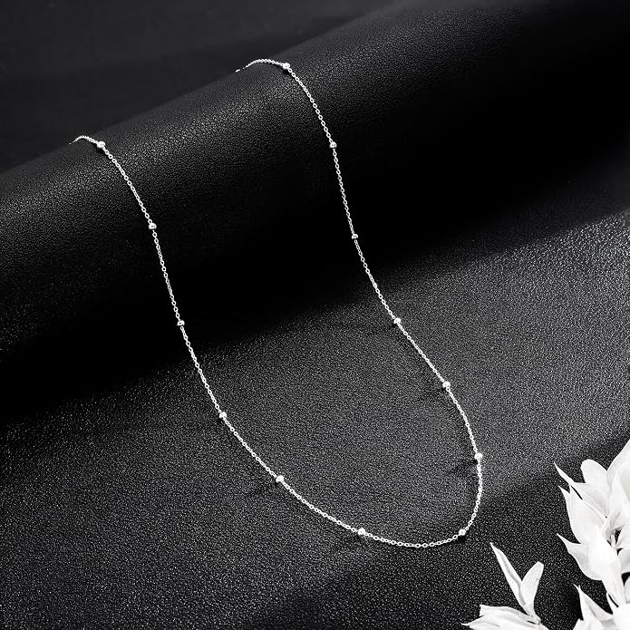 Carffordo 925 Sterling Silver Chain Necklace 16K Gold Plated Beaded Chain Necklace for Women Simple Dainty Choker Necklace Satellite Waterproof Link Necklace Trendy Jewelry Gifts