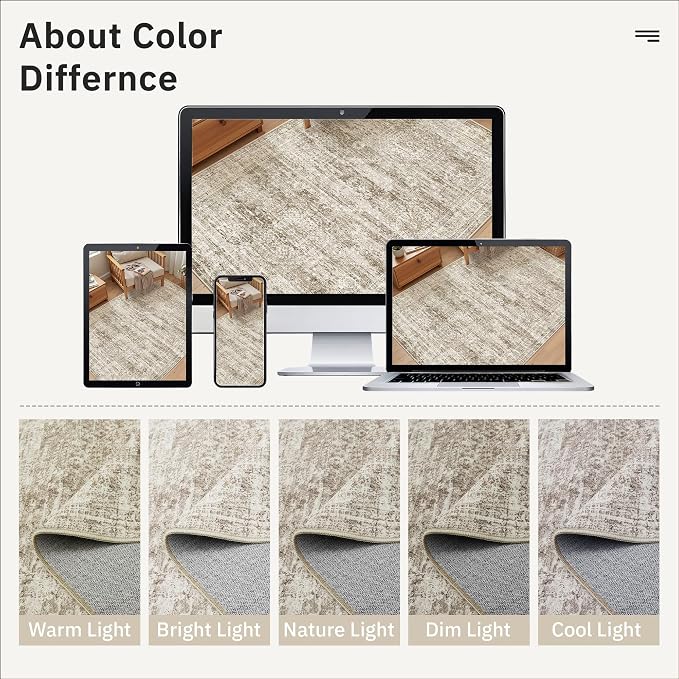 Soalmost 8ft Round Rug Brown/Ivory, Living Room Circle Rug Vintage Round Area Rug Non Slip Indoor Carpet for Apartment