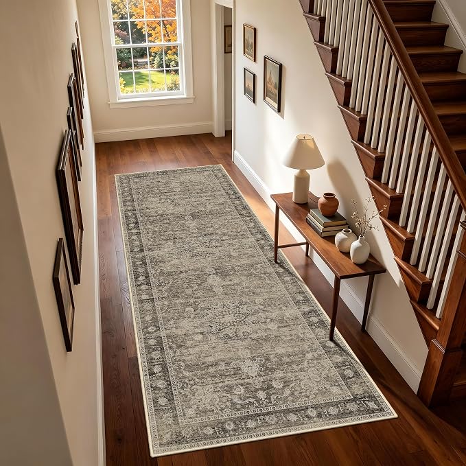 Washable Runner Rug 2.6x8 Brown, Vintage Boho Carpet Runners for Hallway | TTelephant Medallion Runner Carpet, for Hallways, Bedside, Kitchen, Low Pile Indoor, Non-Slip Silicone Backing, Non-Shedding