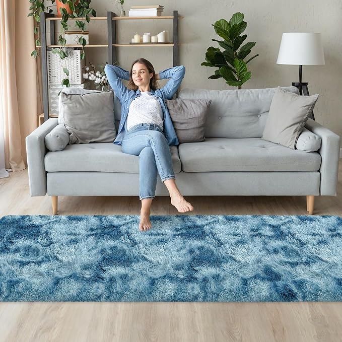 2x8 ft Plush High Pile Blue Tie-Dyed Rug Fluffy Soft Runner Bedside Rug for Bedroom Living Room Hallway Nursery Kids Home Decor Shag Carpet