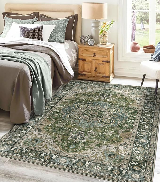 LUXRUG 3x5 Washable Area Rug - Small Entryway Rug Non-Slip Moss Green Vintage Oriental Kitchen Rugs Low Pile Boho Carpet Throw Rugs for Living Room Bedroom Bathroom Entrance Dorm Office Home Decor