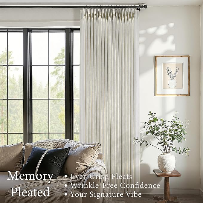 Pinch Pleated Thick Linen Curtains 96 Inch Length 2 Panels Set for Living Room Warm Beige Neutral Pleated Curtains Semi Sheer Light Filtering Privacy Bedroom Window Drapes