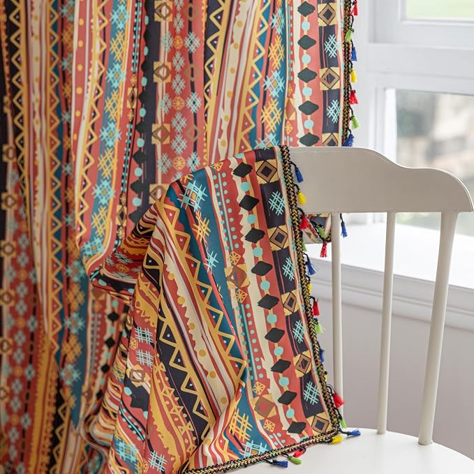 Boho Curtains Geometric Light Filtering Semi-Blackout Window Curtains 96 Inches Long Rod Pocket Drapes for Living Room 2 Panels-Vintage Red