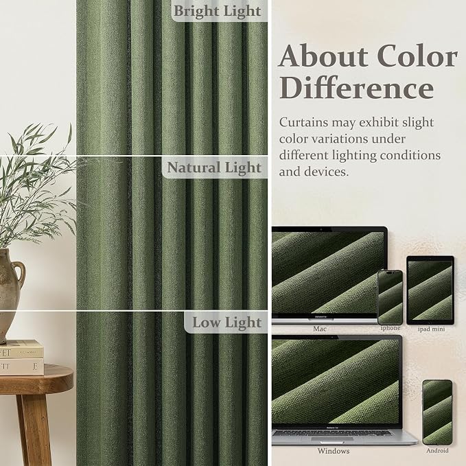 Loden Pinch Pleat Linen Curtains 84 Inches Long 2 Panels Set for Dining Room, Memory Shape Light Filtering Privacy Semi Sheer Country Window Curtain & Drapes for Sliding Doors 7FT Length Olive Green
