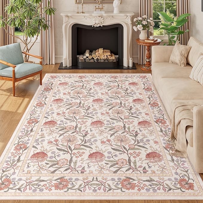DUKINO 5x7 Area Rug, Vintage Floral Washable Rug for Living Room Beige Pink | Non Slip, Low Pile, Non-Shedding, Stain Resistant Lightweight Boho Soft Carpet for Bedroom Home Office Dining Room Farmhouse