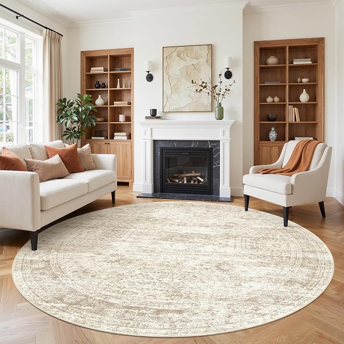 9ft Round Rug,Large Circle Rug for Dining Room Table,Beige | Washable Rugs for Kitchen,Entryway,Bedroom,Dining Room,Nursery Room,Thin,Soft Runner Rug,Stain Resistant Indoor Carpet