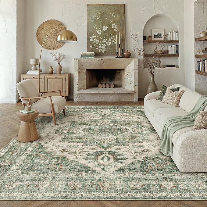 HUGEAR 8x10 Machine Washable Rug Green Area Rug Room Decor Vintage Distressed Living Room Rugs Non Slip Low Pile Soft Carpet for Bedroom Dining Room Office Soft Lightweight