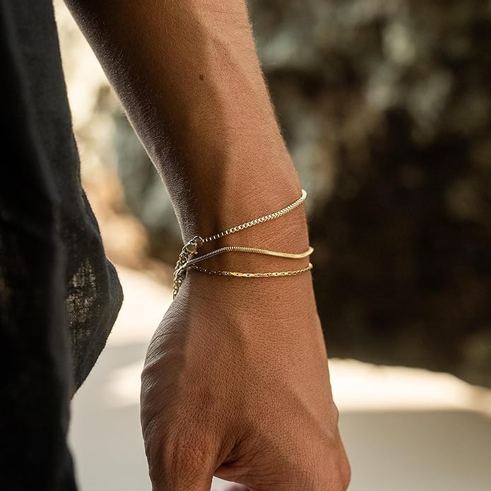 Gold Bracelets for Men Trendy - Dainty Gold Plated Stainless Steel Snake Link Bracelet Stack Rope Figaro Herringbone Chain Bracelets Set Adjustable Cuban Link Bracelet for Men Birthday Gifts for Man