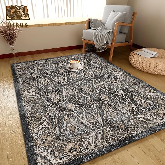 Washable Area Rug 3' x 5 ' Vintage Traditional Persian Mat - Foldable Distressed Non-Slip Machine Washable Carpet for Living Room Bedroom Kitchen Home Decor - Ebony and Taupe