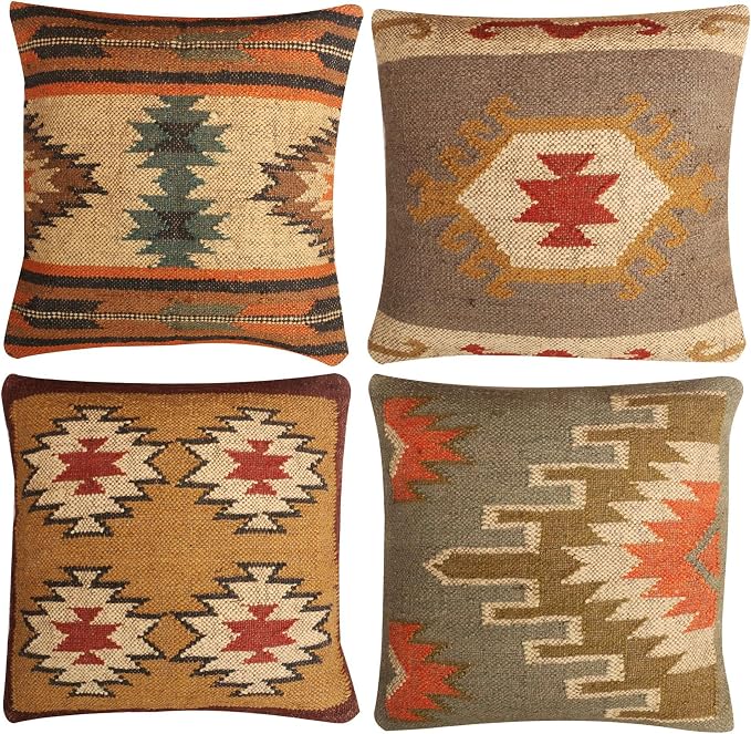 Set of 4 Geometric Wool Jute Square Throw Pillow Covers -Decorative 18 x 18 Inches Multicolour Cushion Covers Perfect for Sofa/Couch/Bed/Home/Outdoor/Car (Multicolour - 12)