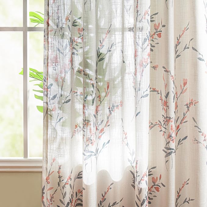 MYSKY HOME 95 Inch Coral Curtains Semi Sheer Linen Blended Window Curtain Panels for Living Room Light Filtering Privacy Protect Drapes Set Farmhouse Style Texture Soft Touch, 50" x 95", Coral, 2 Pcs