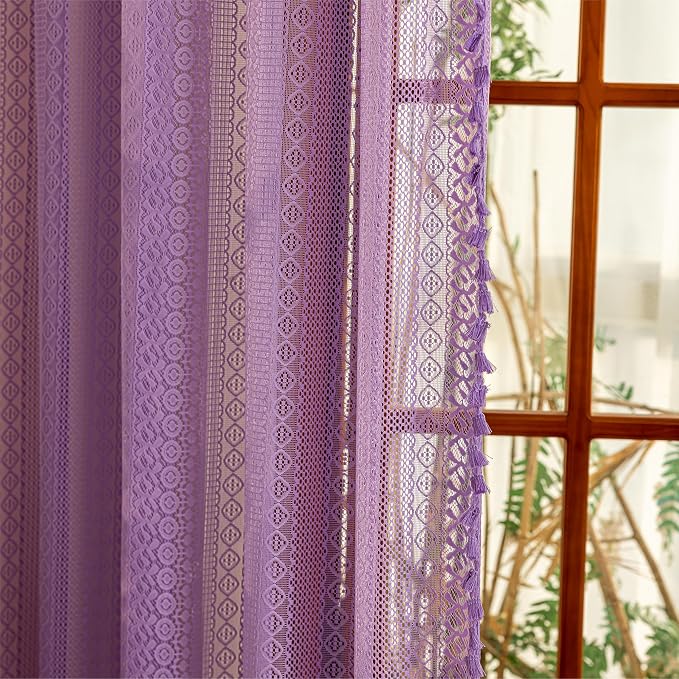 Sutuo Home Lavendar Boho Curtains 84 inches Long for Bedroom Living Room, Purple Lace Sheer Curtains Crochet Bohemian Privacy Farmhouse Vintage Tassels Rustic Chic Decor Rod Pocket, 2 Panels 50" W
