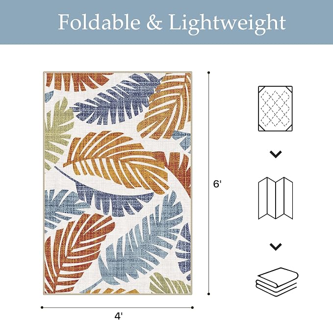 GENIMO 4x6 Outdoor Rug, Washable for Porch and Patio, Leaf Rust Navy | Botanical leaf design for balcony; fade resistant chenille with quick-dry non-slip backing for deck and indoor space.