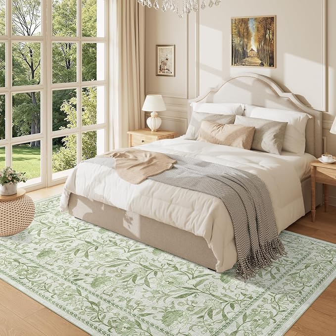 DUKINO 5x7 Area Rug, Vintage Floral Washable Rug for Living Room Sage Green | Non Slip, Low Pile, Non-Shedding, Stain Resistant Lightweight Boho Soft Carpet for Bedroom Home Office Dining Room Farmhouse