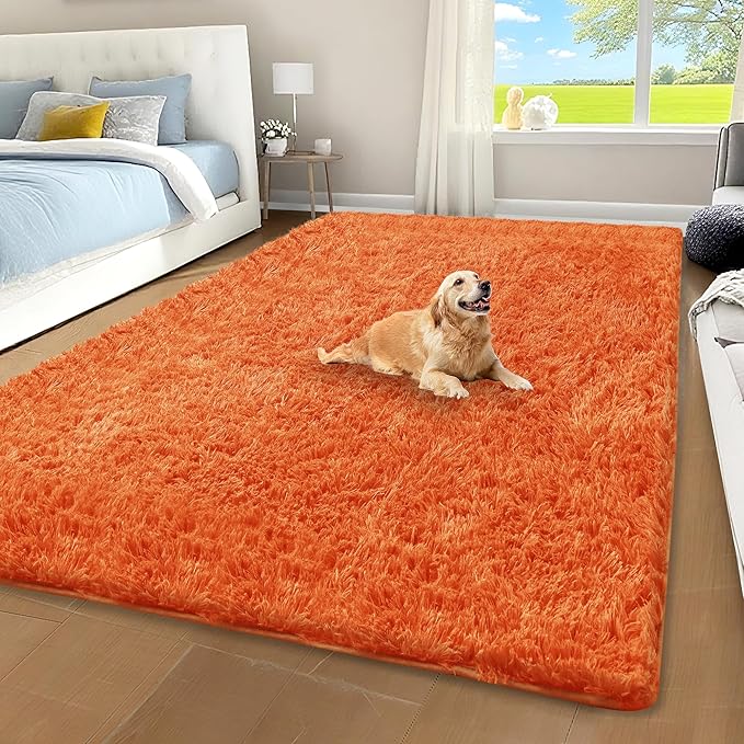 Orange Fluffy Shag Area Rug for Bedroom Living Room Boys Kids, 4x6 | Ultra Soft Comfy, Fuzzy Shaggy Plush Carpet for Nursery Girls Teen Dorm, Modern Indoor Home Decor, Upgrade Non-Slip