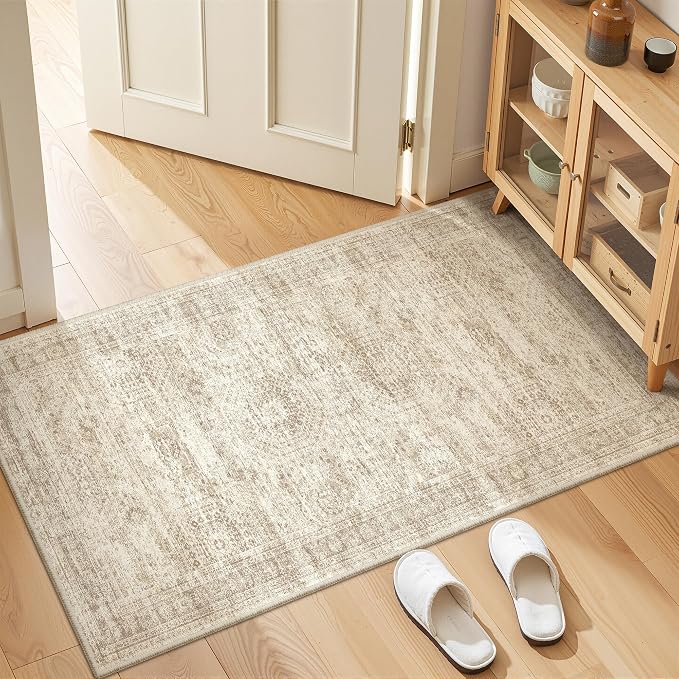 2x4 Rug Runners for Hallways Non Slip,Beige | Washable Rugs for Kitchen,Entryway,Bedroom,Bathroom,Nursery Room,Thin,Soft Runner Rug,Stain Resistant Indoor Carpet