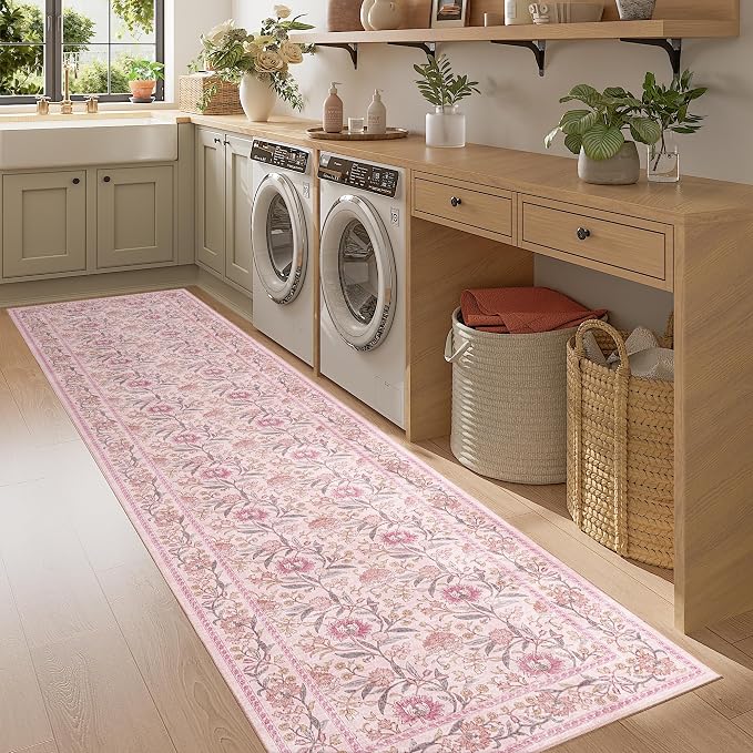 DUKINO 2.6x8 Runner Rug, Washable Vintage Floral Kitchen Runners Rug, Pink | Non Slip, Low Pile, Non-Shedding Soft Carpet for Hallway Bathroom Laundry Entryway Bedroom Farmhouse, Kids and Pets Friendly