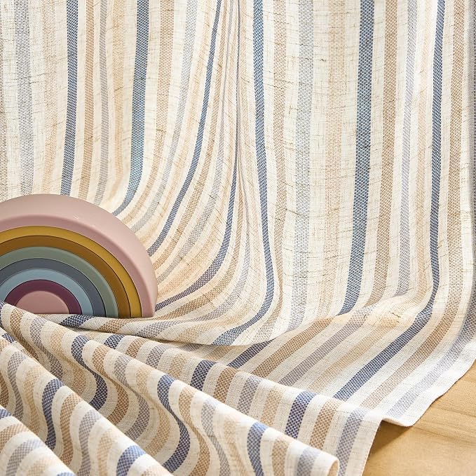 jinchan Linen Curtains 96 inch Blue Stripe for Kids Room Grommet 2 Panels | Kids Curtains for Nursery Living Room Bedroom Baby Boys Room,Cute Colorful Ticking Stripe,Cottagecore Rustic,Light Filtering