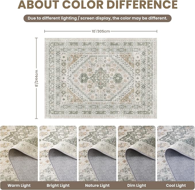 zesthome 8x10 Area Rugs for Living Room,Non-Slip Backing Washable Rugs,Vintage Large Area Rug，Stain Resistant Home Decor Rug (Brown/Grey,8'x10')