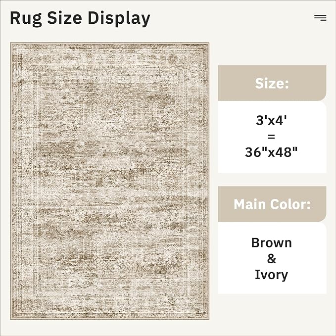 Soalmost 3x4 Rug, Small Area Rug for Kitchen, Entryway, Machine Washable Non-Slip Throw Rug, Vintage Carpet for Nursery Coffee Table Brown