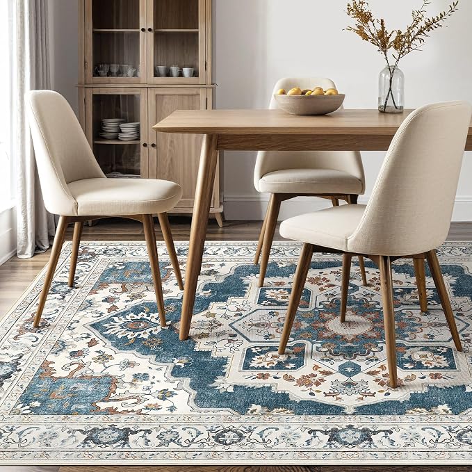 10x12 Washable Area Rug: Vintage Neutral Soft Non Slip Thin Large Floor Carpet for Living Room Bedroom Kitchen Dining Room Home Office Farmhouse Indoor - Blue