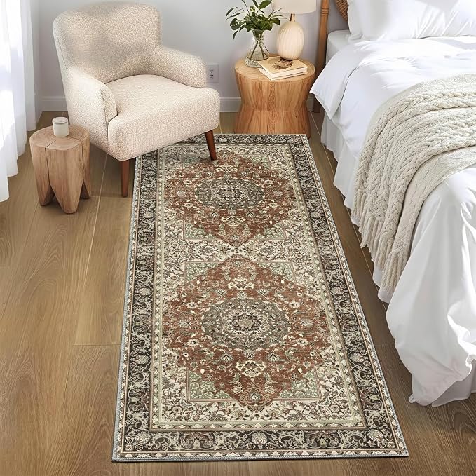2x6 Runner Rug for Entryway Hallway-Vintage Farmhouse Boho Floral Neutral Washable Stain Resistant Indoor Rugs for Home Decor(Brick&Brown)