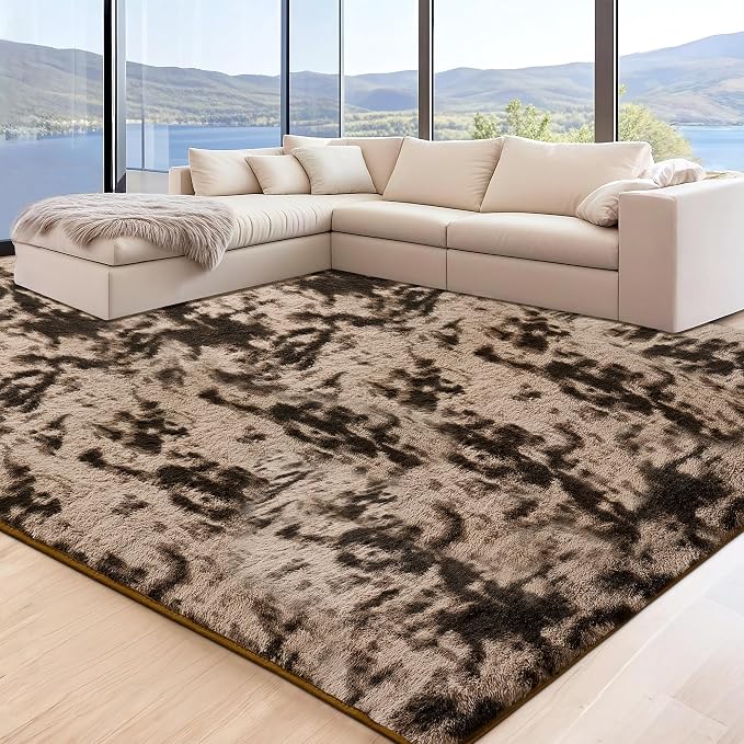 6x9 Tie-Dyed Brown Fluffy Shag Area Rugs for Living Room Bedroom | Ultra Soft Comfy, Large Fuzzy Shaggy Plush Carpet for Kids Boys Girls Teen Dorm, Modern Indoor Home Decor, Upgrade Non-Slip