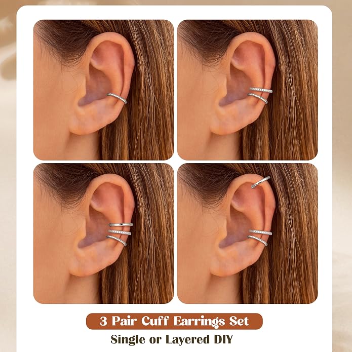 MILACOLATO 925 Sterling Silver Ear Cuffs for Women - 14K Gold Plated Adjustable Ear Cuffs Non Piercing Earrings for Women Trendy Cubic Zirconia Clip On Cartilage Conch Earrings for Non Pierced Ears Fake Earrings Set Hypoallergenic