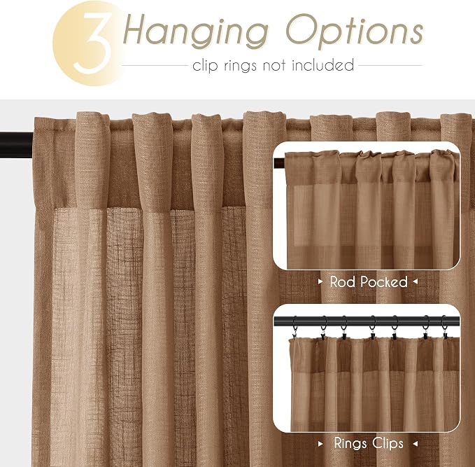 Brown Curtains for Living Room Back Tab Modern Farmhouse Semi Sheer Curtains 144 inches Long 2 Panels Set Muted Neutral Window Curtain for Dining Room Bedroom 52x144