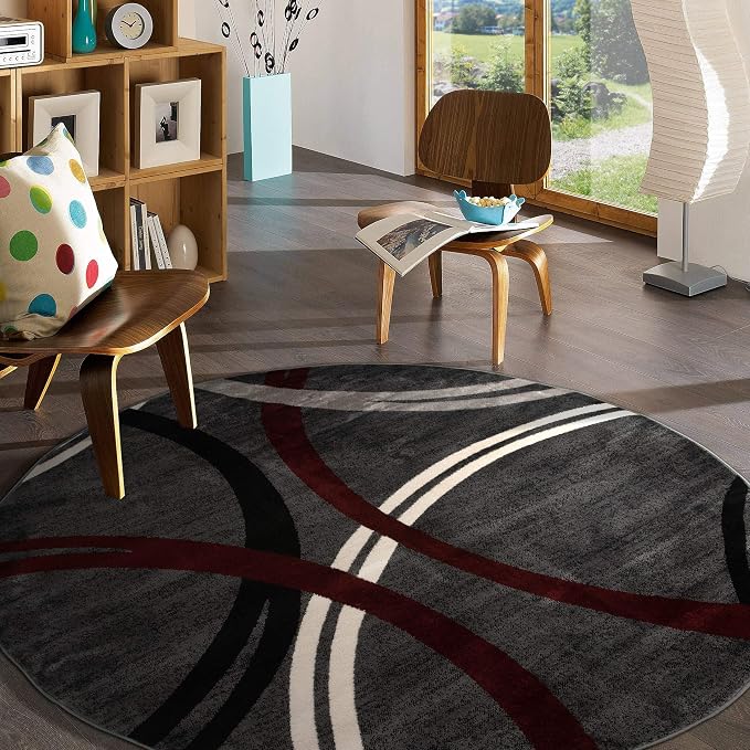 Rugshop Wavy Circles Modern Non-Shedding Living Room Round Rug Red 8'
