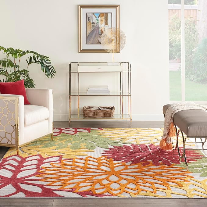 Nourison Home Aloha Indoor/Outdoor Red Multi Colored 7' x 10' Area Rug, Tropical, Botanical, Easy Cleaning, Non Shedding, Bed Room, Living Room, Dining Room, Deck, Backyard, Patio (7x10)