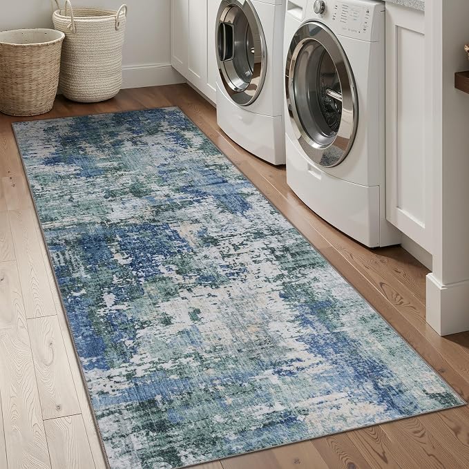 Sasttie 2x8 Soft Runner Rug for Entryway, Modern Abstract Washable Carpet for Hallway, Kitchen and Laundry Room, with Non-Slip Backing, Blue and Green