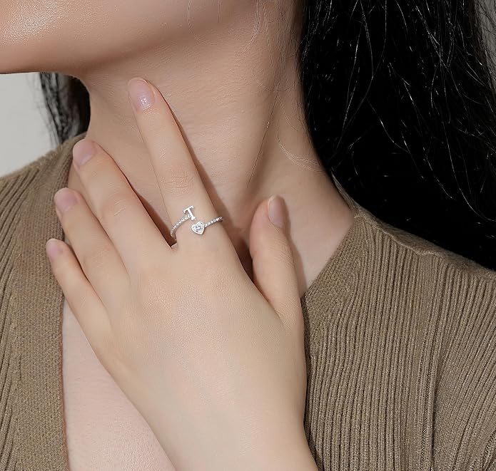 Step Forward 925 Sterling Silver Adjustable Initial Ring for Women | Non Tarnish Letter Rings for Lady | Alphabet Heart Thumb Rings | Capital Letter Jewelry Gifts