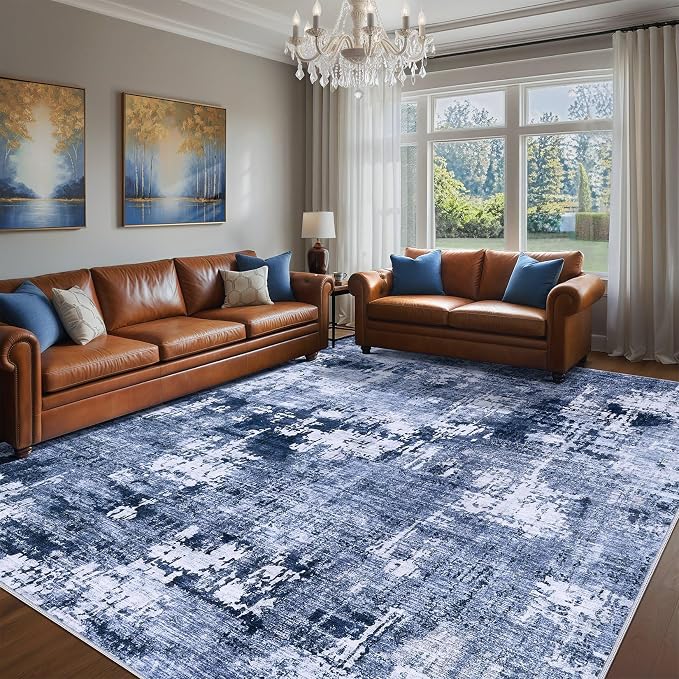DMOYEST Area Rug Living Room Rugs - 9x12 Washable Large Soft Indoor Neutral Modern Abstract Low Pile Rug Carpet for Bedroom Dining Room Farmhouse Home Office - Navy Blue