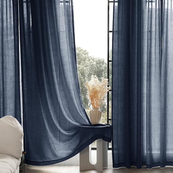 Navy Blue Curtains 120 inch Length for Bedroom Back Tab Light Filtering Semi Sheer Blue Living Room Curtains Linen Cotton Textured Indigo Blue Drapery Panel Modern Farmhouse Aesthetic Decor Dark Blue